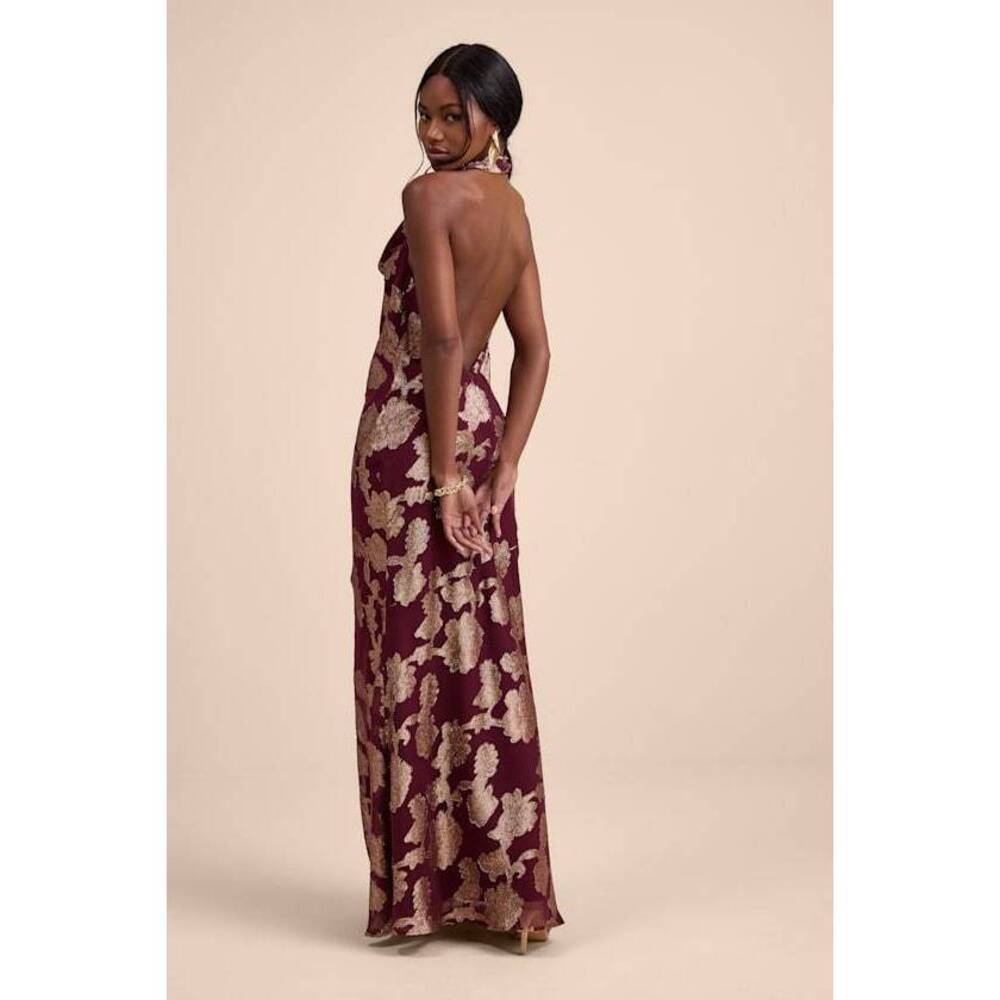Lulus Zafira Burgundy And Gold Burnout Cowl Halter Maxi Dress Red - Size L - Picture 2 of 7